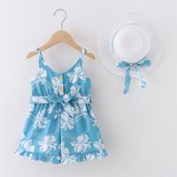 2pcs Baby Girl Allover Leaf Print Sleeveless Spaghetti Strap Belted Romper with Hat Set