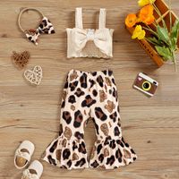 3pcs Baby Girl 95% Cotton Ribbed Shirred Bowknot Sleeveless Crop Top and Leopard Bell Bottom Pants with Headband Set