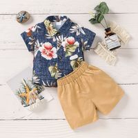 2pcs Baby Boy Floral Print Short-sleeve Shirt and Solid Shorts Set