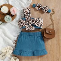 3pcs Baby Girl 95% Cotton Leopard Twist Knit One Shoulder Crop Top and Imitation Denim Ruffle Skirt with Headband Set