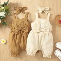 100% Cotton 2pcs Baby Girl Solid Floral Embroidered Sleeveless Spaghetti Strap Bowknot Jumpsuit with Headband Set