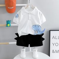 2pcs Toddler Boy Casual Dinosaur Print Polo Shirt & Spike Design Shorts Set