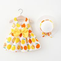 100% Cotton 2pcs Baby Girl All Over Lemon Print V Neck Sleeveless Bowknot Dress with Hat Set