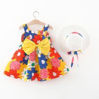 100% Cotton 2pcs Baby Girl All Over Colorful Floral Print Sleeveless Bowknot Dress with Hat Set