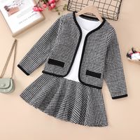 2-piece Kid Girl Houndstooth Cardigan and Long-sleeve Stitching Dress Set