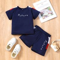 2pcs Toddler Boy Casual Colorblock Letter Print Tee & Shorts Set