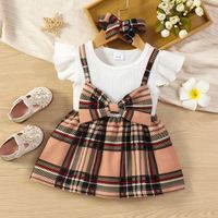 2pcs Baby Girl 95% Cotton Ribbed Flutter-sleeve Splicing Plaid Bowknot Dress with Headband Set