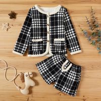 2-piece Elegant Houndstooth Long-sleeve Top and Shorts Set