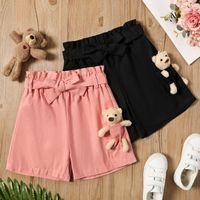 Kid Girl Solid Color Belted Paperbag Shorts (Bear Doll is included)
