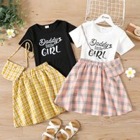 2-piece Kid Girl Sweet Letter Print Tee and Elasticized Plaid Skirt Set (Crossbody Bag is included)