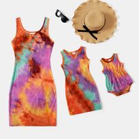 Colorful Tie Dye Bodycon Sleeveless Tank T-shirt Dress for Mom and Me