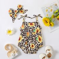 2pcs Baby Girl All Over Sunflower Leopard Spaghetti Strap Romper with Headband Set