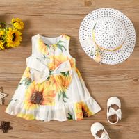 2pcs Baby Girl Sunflower Floral Print Sleeveless Button Bowknot Ruffle Dress with Hat Set