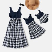 Solid and Plaid Splicing U Neck Tank Dress for Mom and Me