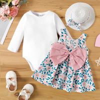 3pcs Baby Girl White Long-sleeve Romper and Floral Print Sleeveless Bowknot Dress with Hat Set
