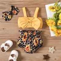 3pcs Baby Girl 100% Cotton Bowknot Sleeveless Crop Top and Sunflower Leopard Print Shorts with Headband Set