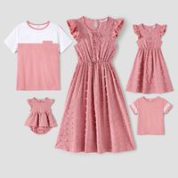 Family Matching Pink Lace Splicing Swiss Dot Ruffle-sleeve Dresses and Colorblock Short-sleeve T-shirts Sets