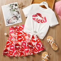 2pcs Kid Girl Lips Print Tie Knot White Tee and Red Skirt Set