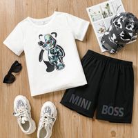2pcs Kid Boy Animal Print Short-sleeve White Tee and Letter Print Black Shorts Set