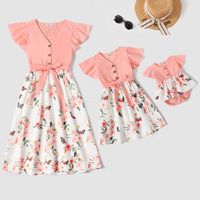 Pink V Neck Ruffle Short-sleeve Splicing Butterfly and Floral Print Dress for Mom and Me
