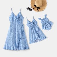 All Over Dots Print Blue Sleeveless Spaghetti Strap V Neck Ruffle Wrap Dress for Mom and Me