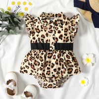 Baby Girl Brown Leopard Print Shirt Collar Flutter-sleeve Button Up Romper