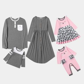 Mosaic Family Matching Casual Sets(Solid Dresses - Animal Rompers - Grey Long Sleeve T-shirts)
