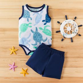 2pcs Baby Boy Sea Tortoise Print Sleeveless Bodysuit and Shorts Set