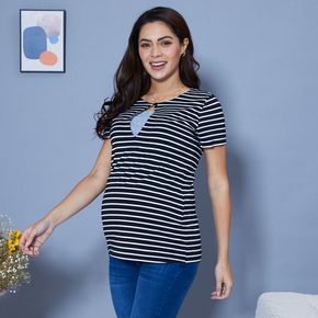 Maternity Round collar Stripes Plain Black Short-sleeve Nursing Tee