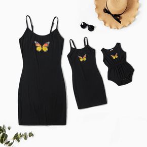 Butterfly Print Cotton Sling Black Tight Dresses for Mommy and Me