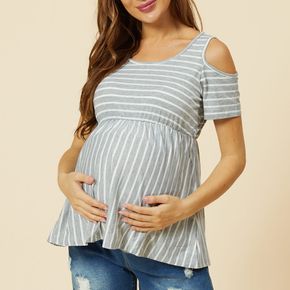 Maternity Round collar Stripes Plain T-shirt