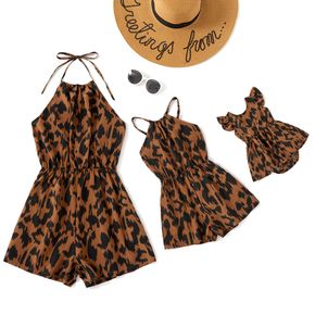 Leopard Print Sleeveless Halter Straps Shorts Rompers for Mommy and Me( Include Ruffle Cuff Baby Rompers)
