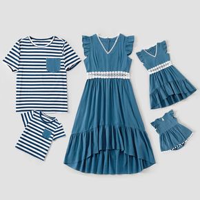 Blue Series Family Matching Sets(Ruffle Shoulder Lace Decor Irregular Hem Mini Dresses for Mommy and Me;Stripe Short Sleeve T-shirts With Pockets for Dad and Me)