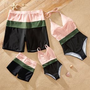 Colorblock Splice Family Matching Swimsuits(Neck Strap Design Swimsuits for Mom)