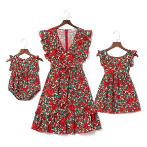 Floral Print Red Ruffle Sleeveless Dresses for Mommy and Me
