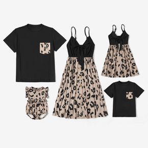 Leopard Print Series Family Matching Sets(Sling V-neck Dresses for Mom and Girl ; T-shirts with Pocket for Dad and Boy)