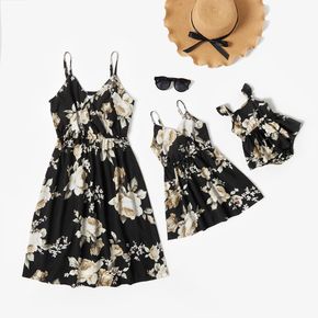 Floral Print Black Sling Dresses for Mommy and Me