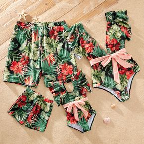 Floral Print Family Matching Swimsuits(One-piece Front Tie Ruffle Sleeve Swimsuits for Mom and Girl ; Swim Trunks for Dad and Boy)