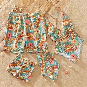 Floral Print Family Matching Swimsuits（One-piece Cross Back Swimsuits for Mom and Girl ; Swim Trunks for Dad and Boy）