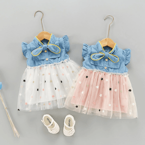Denim Splice Star Embroidered Flutter-sleeve Baby Dress