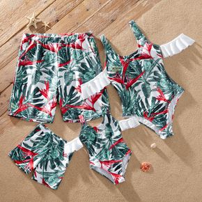 Floral Print Family Matching Swimsuits（Off-shoulder Ruffle-sleeve One-piece Swimsuits for Mom and Girl ; Swim Trunks for Dad and Boy）