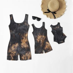 Tie-dye Dark Grey Skinny Cotton Tank Short Rompers for Mommy and Me(Regular Fit Baby Rompers)