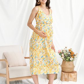 Maternity Vacation Print Deep V Neck Sleeveless Dress