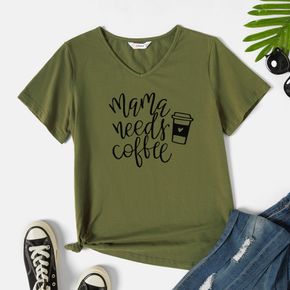 Women Graphic Letter and Coffee Drink Print V Neck Short-sleeve Tee