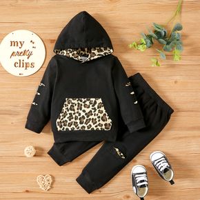 100% Cotton 2pcs Leopard Black  Hooded Long-sleeve Baby Set