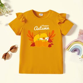Kid Girl Graphic Cat and Pumpkin and Leaf Print Ruffled Short-sleeve Tee