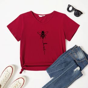 Women Graphic Bee and Letter Print V Neck Short-sleeve Tee