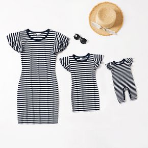 Stripe Print Navy Blue Flutter-sleeve Mini Tight Dress for Mom and Me
