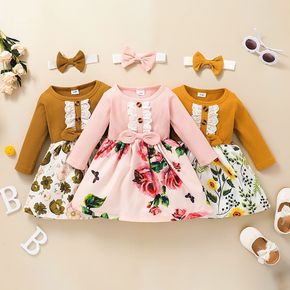 2pcs Floral Print Ribbed Bowknot Long-sleeve Baby Dress