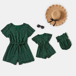 Dark Green Dots Decor V-neck Cotton Short-sleeve Shorts Romper for Mom and Me